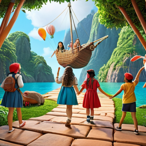 **A vibrant and playful scene depicting Heejini and her friends embarking on an imaginative adventure, with educational elements subtly woven into the whimsical setting.**