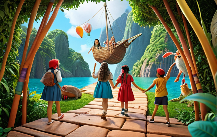**A vibrant and playful scene depicting Heejini and her friends embarking on an imaginative adventure, with educational elements subtly woven into the whimsical setting.**