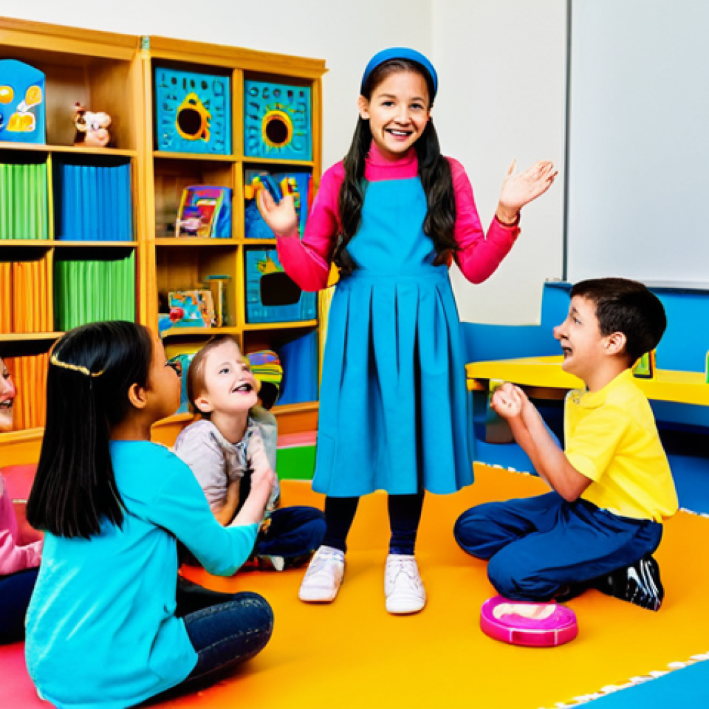A cheerful female children's content creator, wearing a vibrant, modest, and professional outfit, fully clothed and in appropriate attire. She is engaging with a group of diverse children in a bright, spacious children's learning studio, filled with educational toys and colorful props. The creator is smiling warmly, demonstrating an activity related to imaginative role-playing or a storytelling session, while the children are looking up with curiosity and excitement, fully clothed in age-appropriate modest clothing. Professional photography, high quality, perfect anatomy, correct proportions, natural pose, well-formed hands, proper finger count, natural body proportions, safe for work, appropriate content, family-friendly.