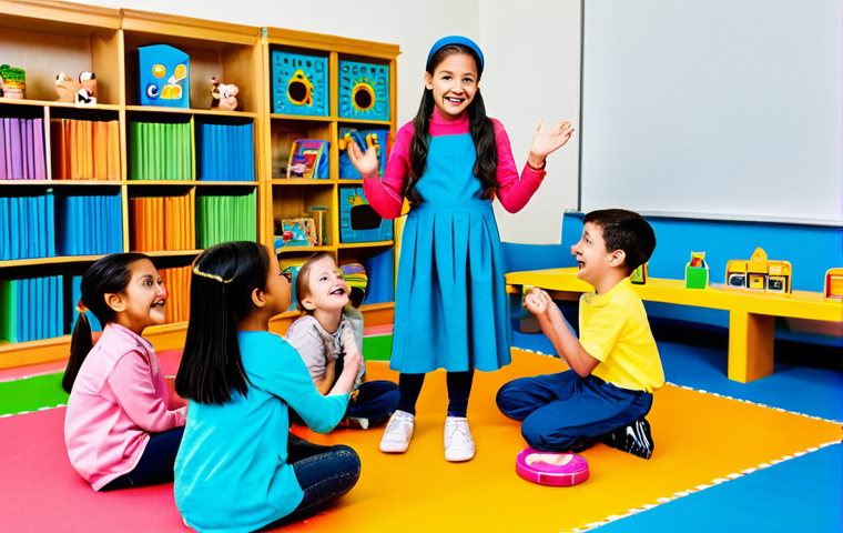 A cheerful female children's content creator, wearing a vibrant, modest, and professional outfit, fully clothed and in appropriate attire. She is engaging with a group of diverse children in a bright, spacious children's learning studio, filled with educational toys and colorful props. The creator is smiling warmly, demonstrating an activity related to imaginative role-playing or a storytelling session, while the children are looking up with curiosity and excitement, fully clothed in age-appropriate modest clothing. Professional photography, high quality, perfect anatomy, correct proportions, natural pose, well-formed hands, proper finger count, natural body proportions, safe for work, appropriate content, family-friendly.