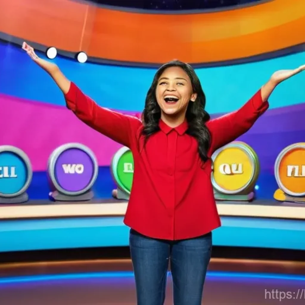 헤이지니와 가족과의 소통 콘텐츠 - **Vibrant Kids' Quiz Show with Heijini:** A brightly lit, colorful studio set designed for a childre...