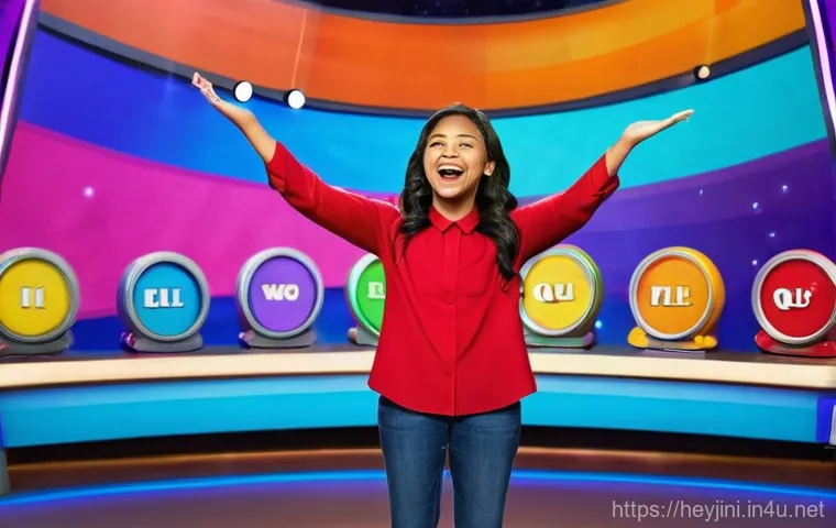 헤이지니와 가족과의 소통 콘텐츠 - **Vibrant Kids' Quiz Show with Heijini:** A brightly lit, colorful studio set designed for a childre...
