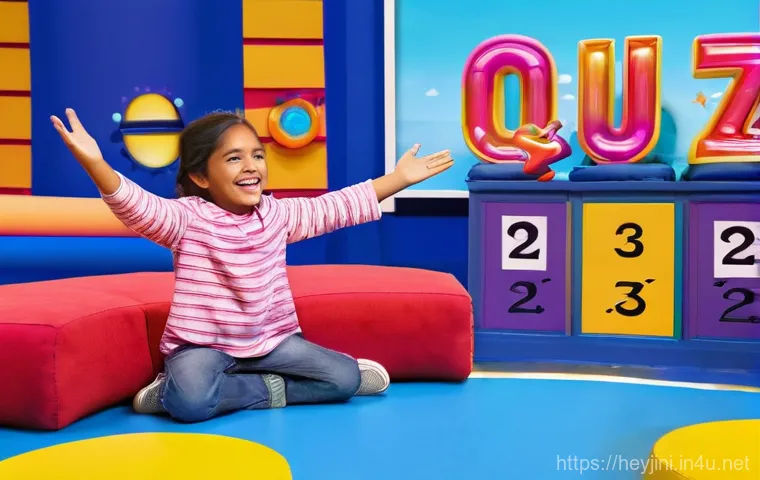 헤이지니 교육 콘텐츠의 강점 - **Image Prompt 1: HeJini's Interactive Quiz Show for Children**
A vibrant, high-energy scene fea...