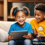 헤이지니의 라이브 채팅 경험 - A vibrant scene in a cozy, modern living room. A group of three excited children, aged 5-8, are gath...