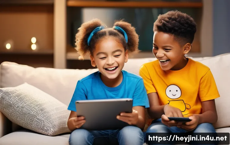 헤이지니의 라이브 채팅 경험 - A vibrant scene in a cozy, modern living room. A group of three excited children, aged 5-8, are gath...